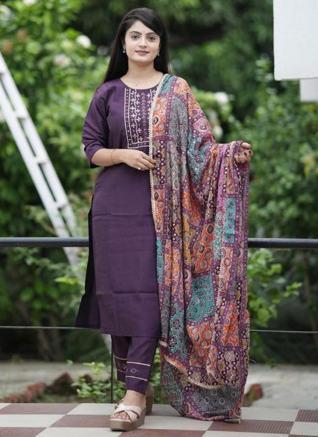 Roman Silk Purple Daily Wear Hand Work Readymade Straight Suit